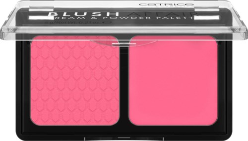 A makeup palette with two pink shades, one textured and one smooth, in a clear plastic container.