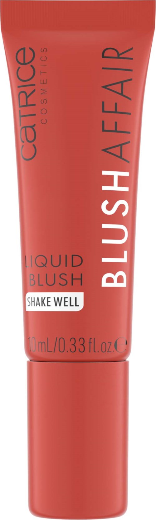 En röd tub med Catrice Blush Affair flytande blush med vit och svart text, som lyfter fram "skaka väl" och storleksdetaljer.