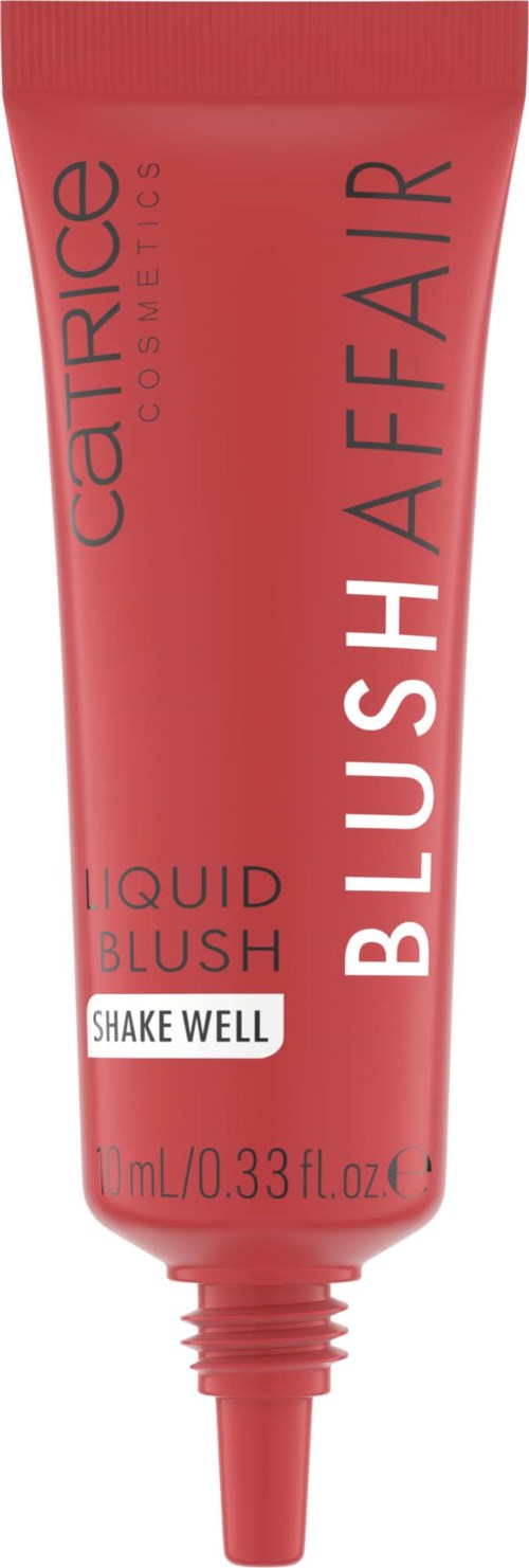 En röd tub med flytande rouge med vridlock, märkt "Catrice" och "Blush Affair," säger "Shake Well."