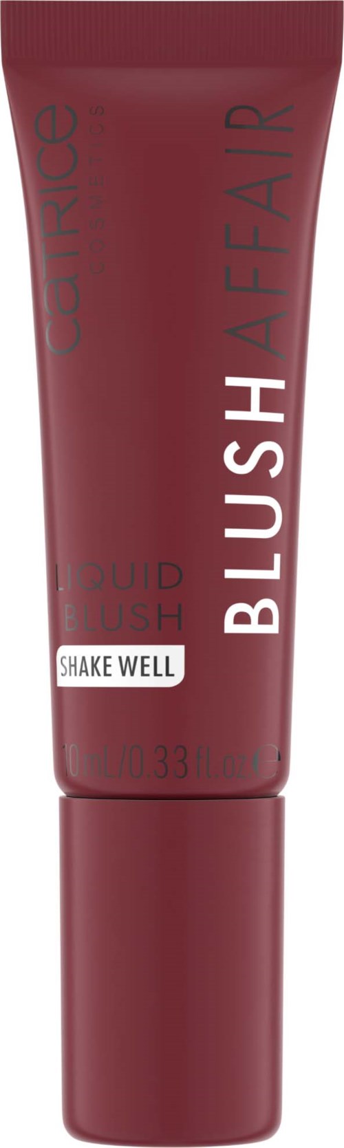 En mörkröd tub med rouge märkt "Blush Affair" med instruktionen "Shake Well".