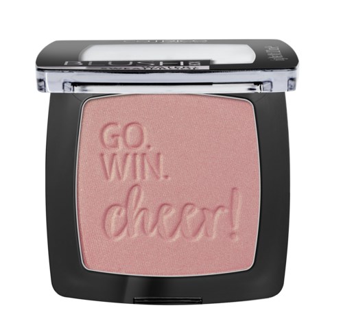 Een roze blush-combinatie met de woorden "GO. WIN. cheer!". Het heeft een zwarte behuizing en een doorzichtige deksel.