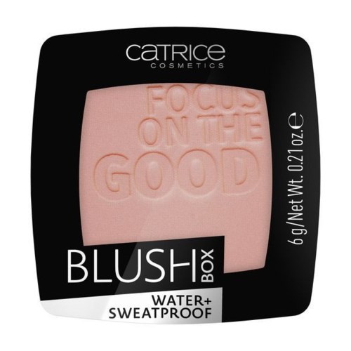 Pink blush with lettering that says "Fell on the good" in a black compact case. The product is waterproof and water-resistant.