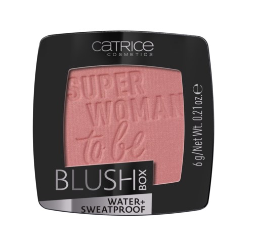 A pink blush in a black compact with clear window, labeled Catrice, Super Woman, to be all waterproof.