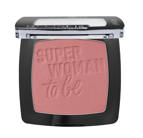 Pink blush with the words "Super Woman to be" embossed on it in a compact case.