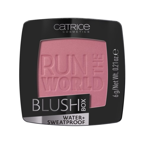 Pink blush with the words "RUN THE WORLD" embossed, in a black container labeled "Catrice Cosmetica" and "Blush Box."