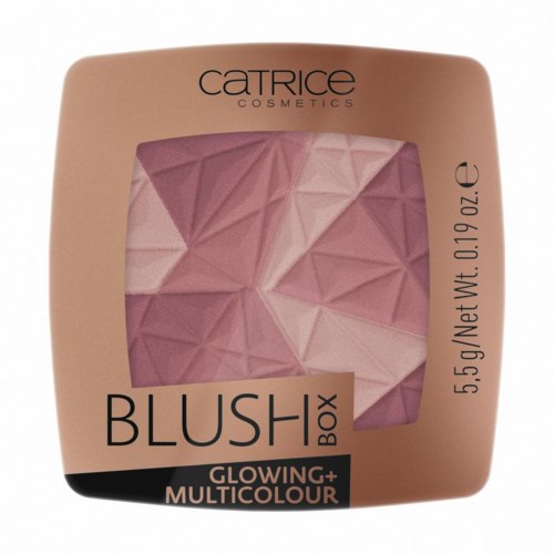 Ein Rouge-Produkt namens 'Blush Box' mit leuchtenden, Mehrfarben-Nuancen, in einem beigen Behälter mit Transparentfenster.