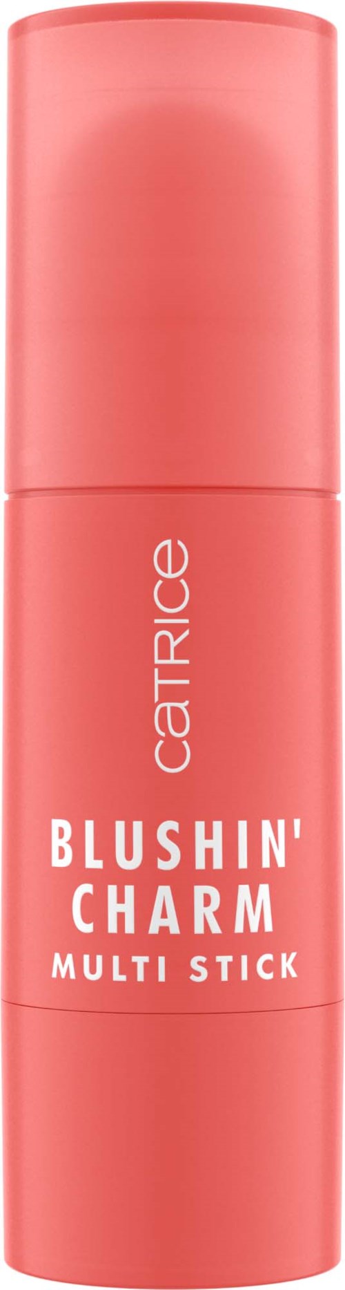 En rosa stift med hvit tekst som sier 'Blushin' Charm Multi Stick' fra Catrice. Det er et sminkeprodukt.