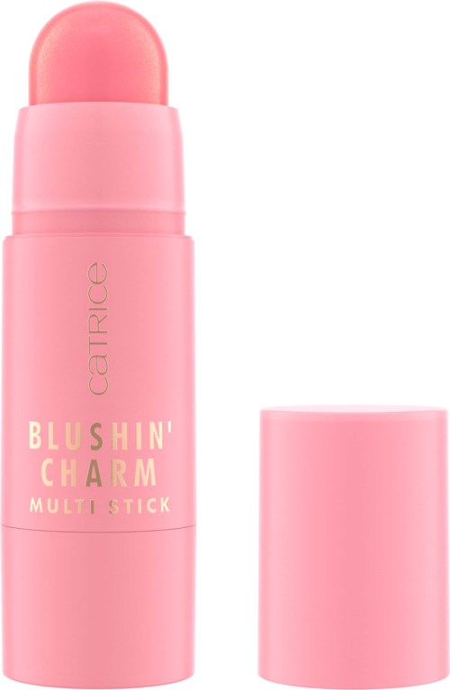 En rosa, sylindrisk multi-stift med rund topp, merket 'Catrice Blushin' Charm'.
