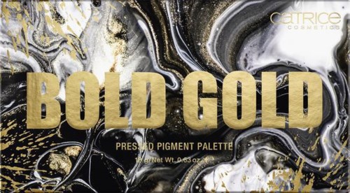 Schwarzer, weißer und goldener marmorierter Hintergrund mit fettem goldenen Text "BOLD GOLD". CATRICE Kosmetika-Logo erscheint.