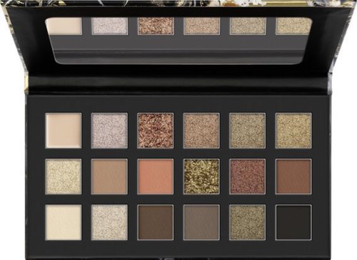 Eine schwarze Lidschattenpalette mit 20 verschiedenen Tönen, einschließlich schimmernder und matter Farben in neutralen und kräftigen Tönen.