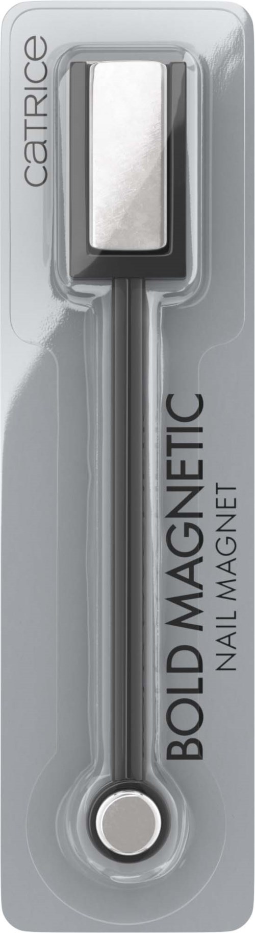 Een wit en grijs nagelmagnet in doorzichtige verpakking met productnaam en merk.
