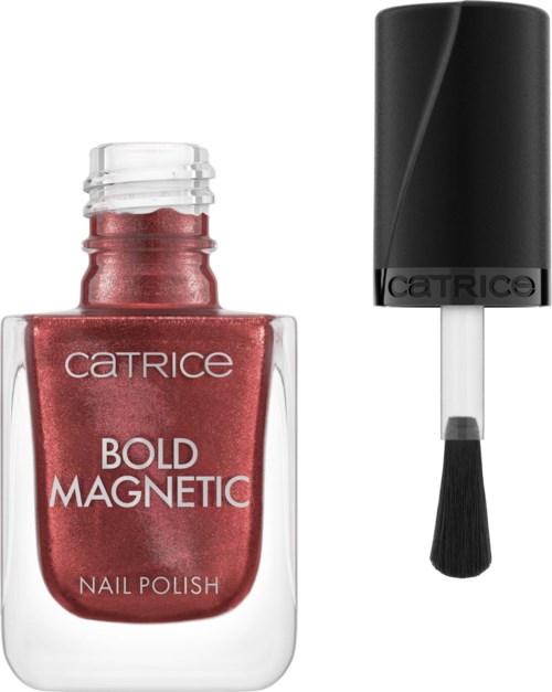 Rood nagellak in een doorzichtige fles met zwarte dop en kwast.