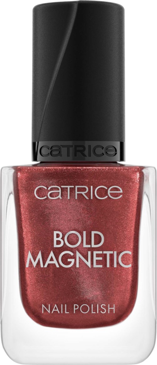Een rode nagellakfles met een zwart deksel en witte tekst, gemerkt "Catrice Bold Magnetic Nail Polish."
