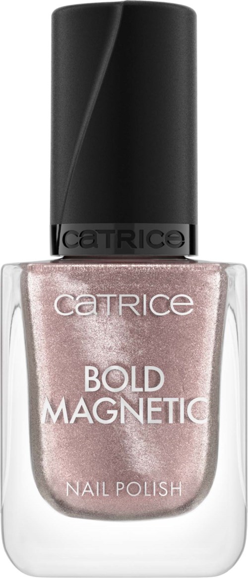 Een flesje Catrice Bold Magnetic nagellak met zwarte dop en roze glanzende lak.
