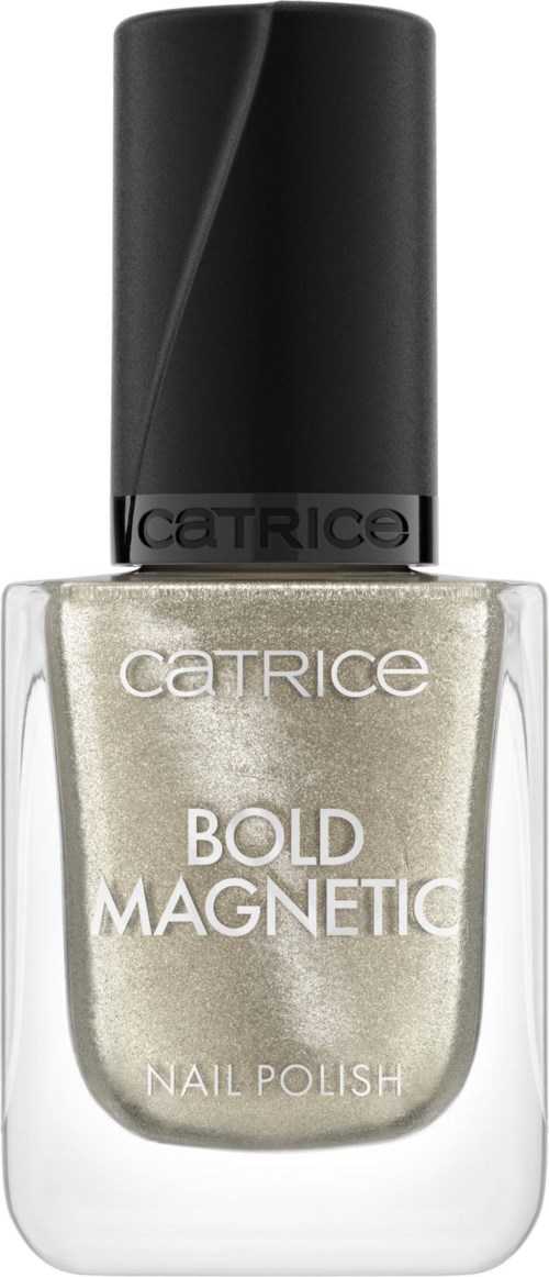 En neglelakkflaske med svart hette, merket Catrice Bold Magnetic, med metallisk sølv neglelakk.