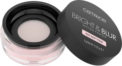 En liten förpackning av Catrice Bright & Blur fixeringspuder i rosa, med lock som visar produktens namn och detaljer.