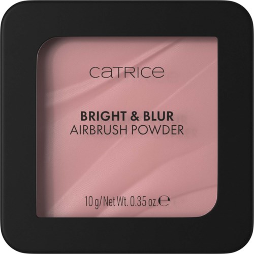 Ett rosa makeup-puder i en svart fyrkantig behållare med ett tydligt fönster, märkt "Catrice Bright & Blur Airbrush Powder."