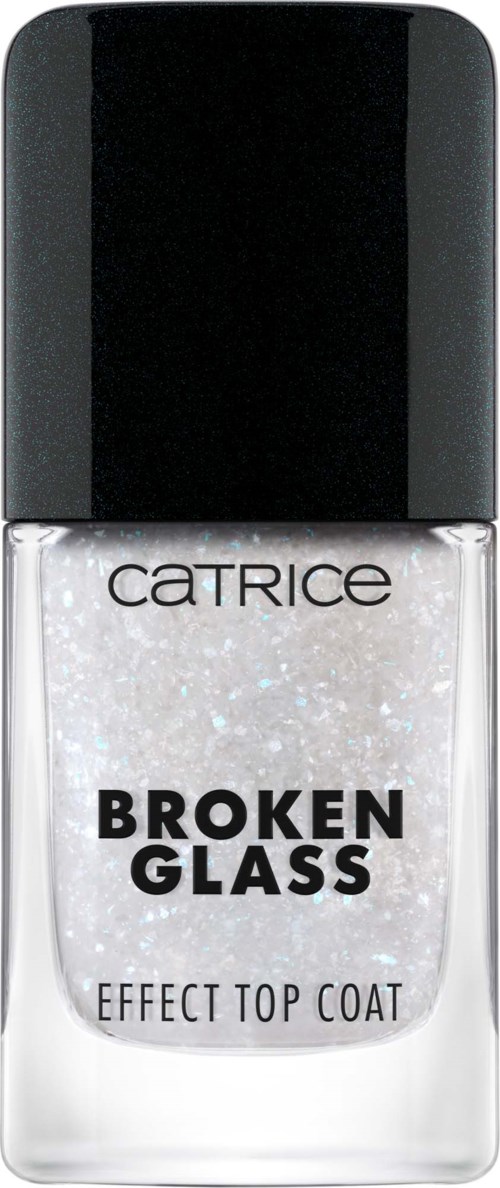 En klar neglelakflaske med sort låg, kaldet 'Broken Glass' af Catrice, glitrer indeni.