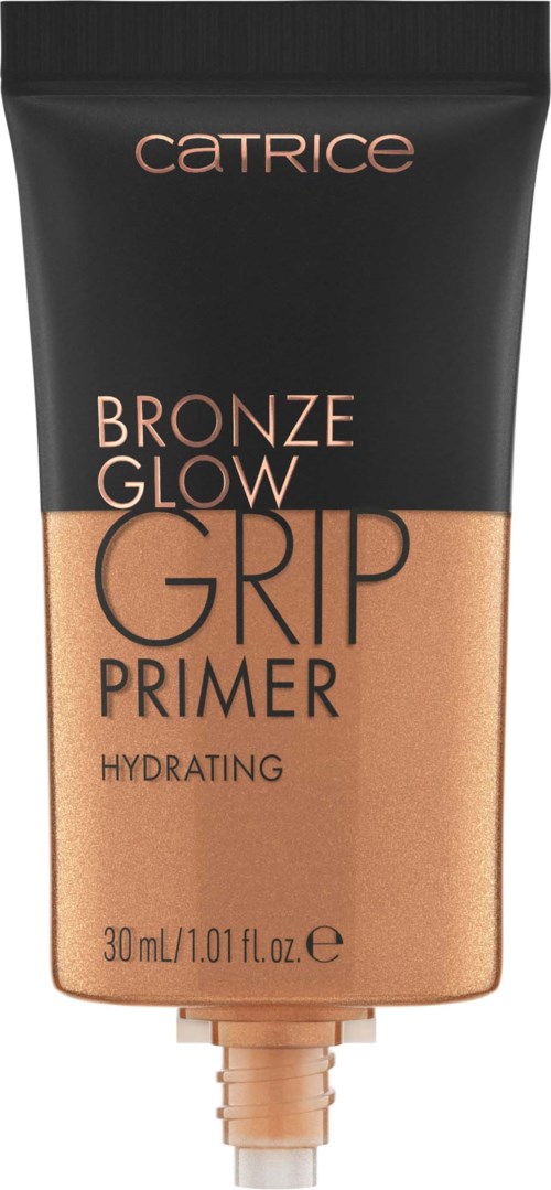 Tube met Catrice Bronze Glow Grip Primer, zwart en koperkleurig, 30ml, hydraterend makeup-product.