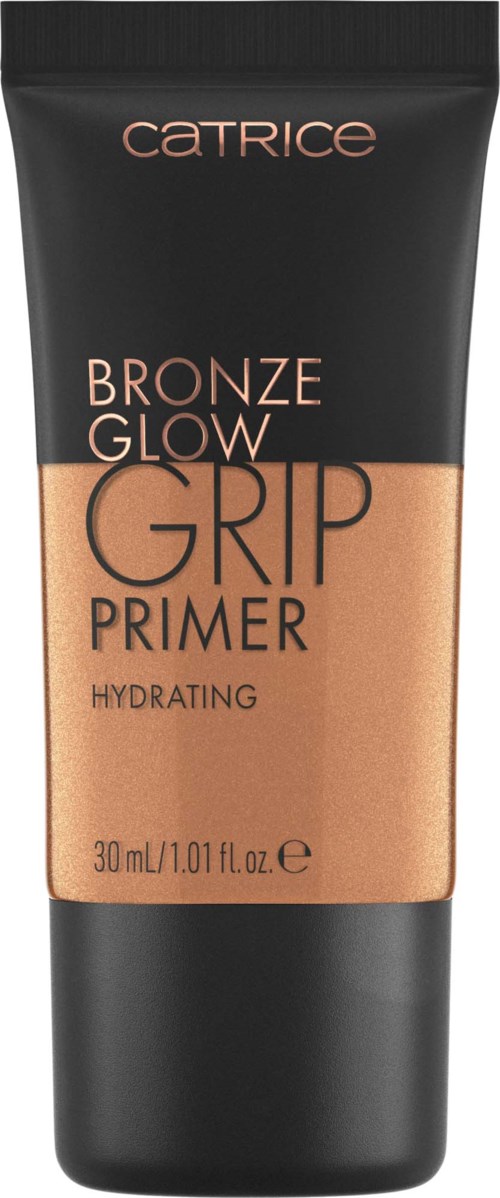 Zwarte en beige tube van Catrice Bronze Glow Grip Primer, 30 ml, voor hydratatie van de huid.