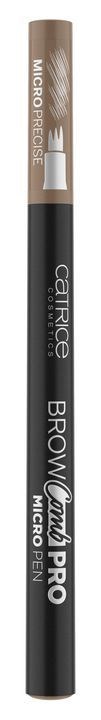 En svart øyenbrynspenn med beige lokk og hvit tekst, merket "Catrice Brow Powder Micro Pen."