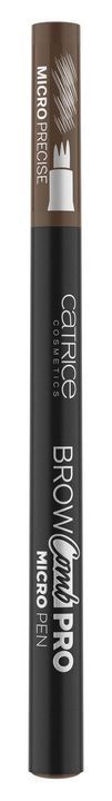 A black cosmetic pencil with white and brown text and a small brush symbol, labeled as eyebrow micro pencil.