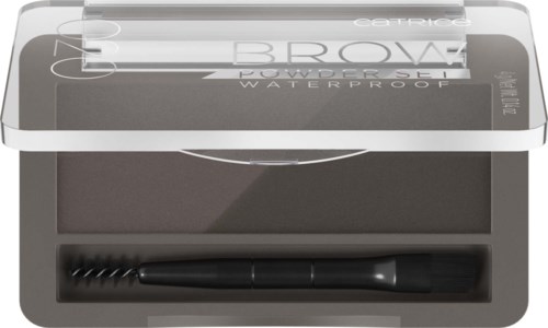 A waterproof eyebrow powder and brush set in a plastic case with clear lid, labeled 'Catrice Brow Powder Set Waterproof'.