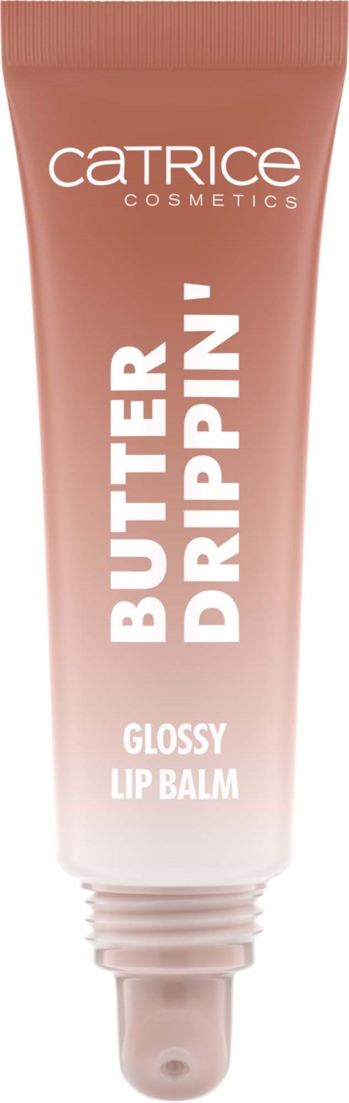 Ein Tube von Catrice Butter Dripper Lip Balm, als glänzend mit braunem Design gekennzeichnet.