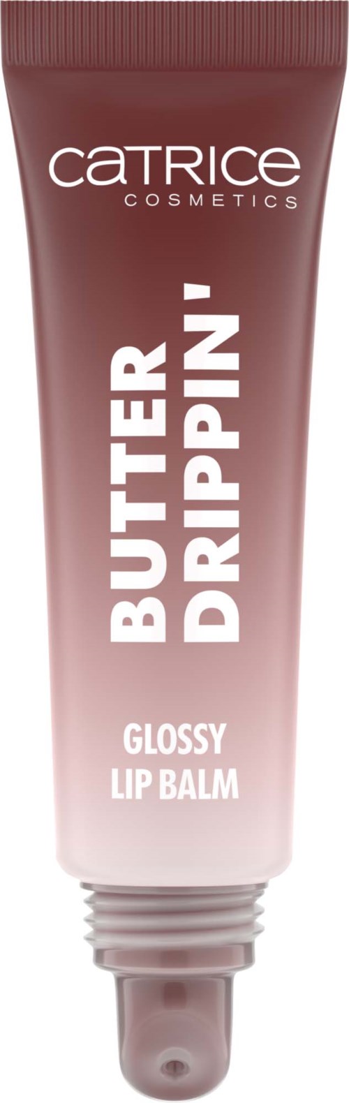 A lip balm tube from Catrice Cosmetics called Butter Drip' N, with a glossy finish and a soft pink color.