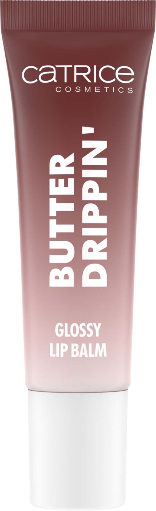 A lip balm in a pink and white tube, labeled 'Butter Drip'in white and 'Glossy Lip Balm' in pink.