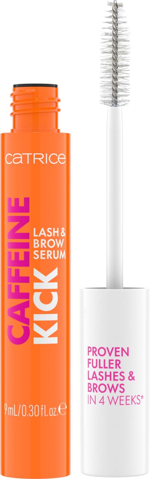 An orange tube of Catrice Gaffefine Kick lash and brow serum with white and pink text, and a white wand brush.