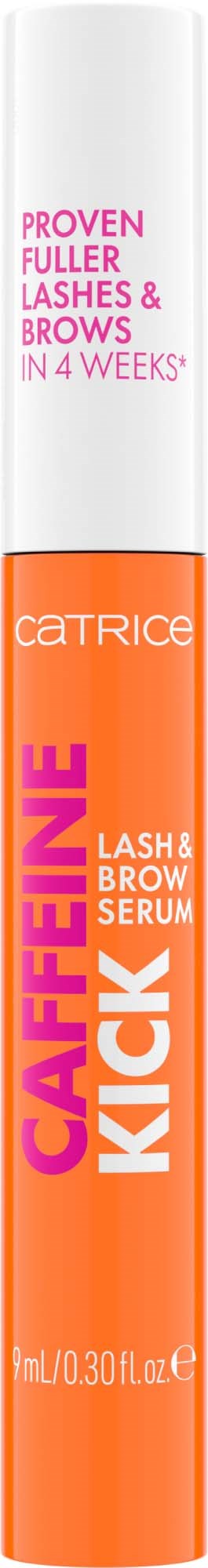 A bright orange tube of Caffeine Kick lash and brow serum with white cap.