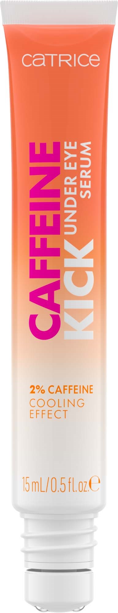 Een tube Catrice caffeine kick oogserum, oranje en wit, met tekst over cafeïne en verkoelende werking.