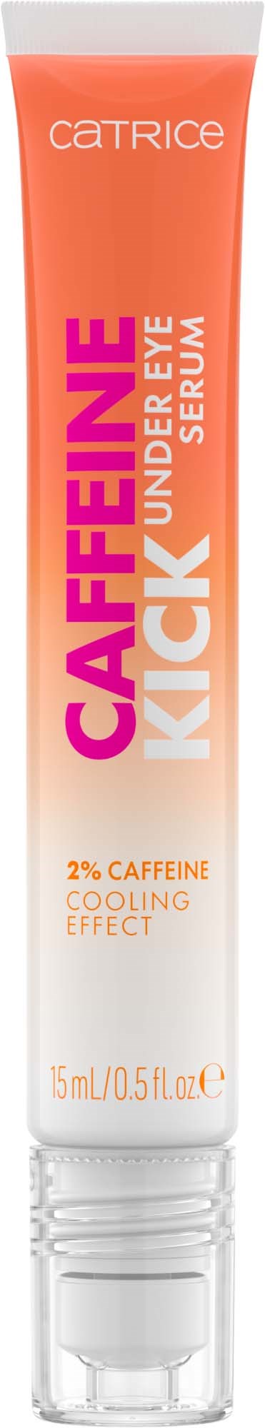 Een tube Catrice caffeine kick oogserum met 2% cafeïne, ontworpen om wallen te verminderen en de oogcontour te verfrissen.