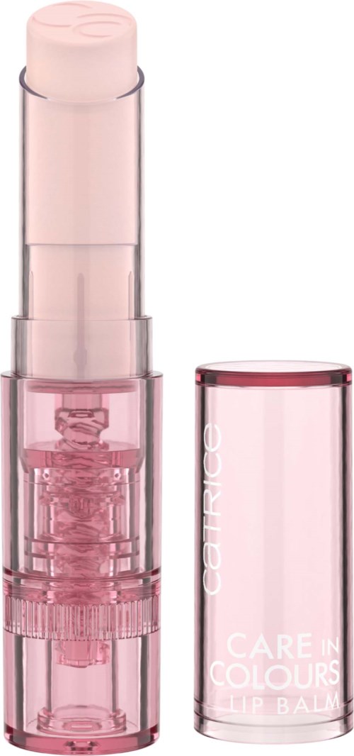 Rosa leppepommetube med klar lokk, og etiketten sier 'Care in Colours Lip Balm'.