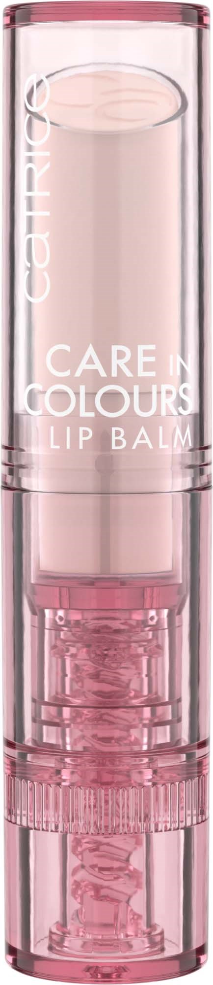 En rosa gjennomsiktig tube med en hvit leppestift inni, merket 'Care Colours Lip Balm'.