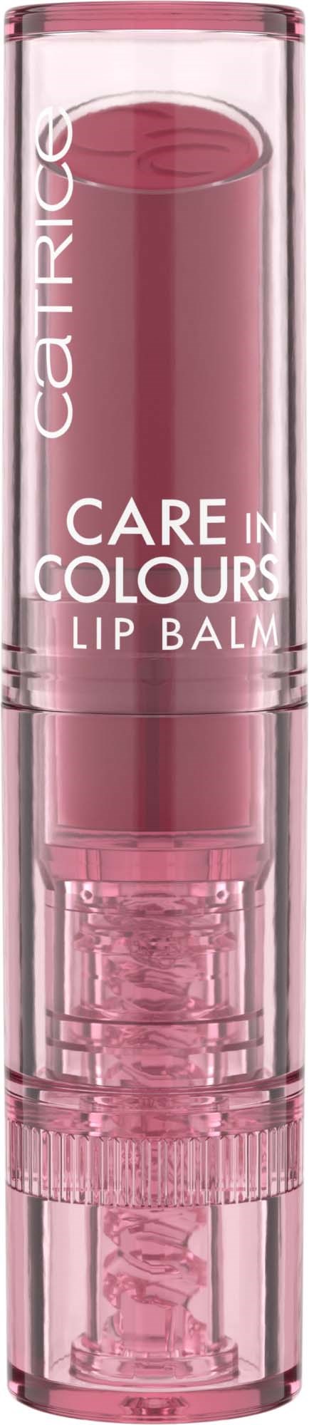 En rosa, gjennomsiktig leppebalmrør med hvit tekst som sier "care in colours lip balm" og dekorativt design.