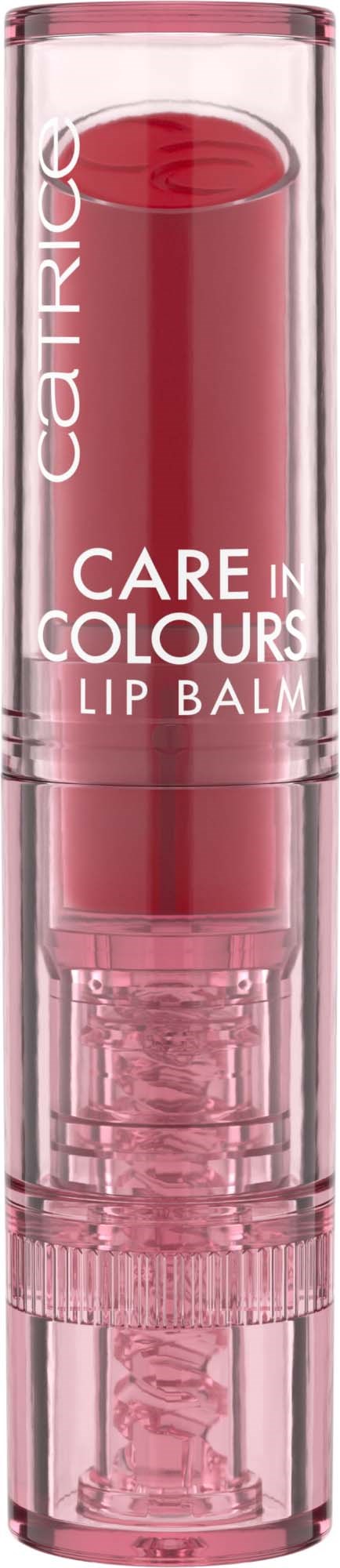 En leppepomade i en klar rosa tube, merket 'Care in Colours Lip Balm' av Catrice, med synlig rød leppepomade inni.