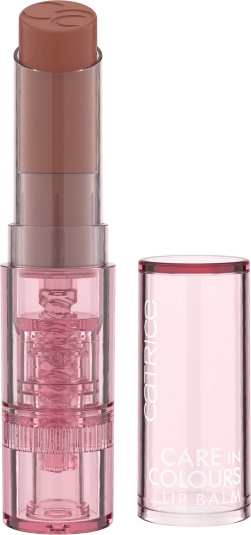 Et rosa leppestift i et gjennomsiktig etui med lokk, som viser leppestiften inni.