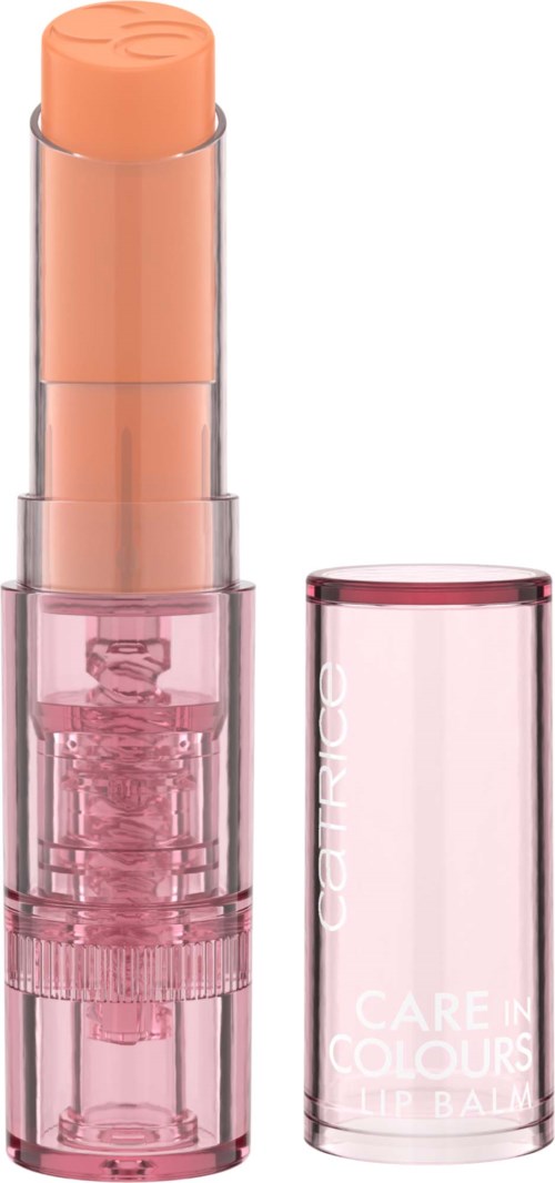 Een roze lippenstift met een doorzichtige dop en een licht perzikkleurige lipstick erin.