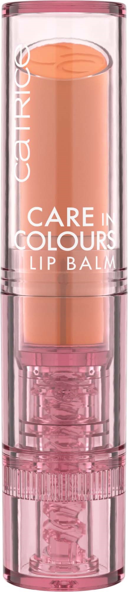 Roze lippenbalsem in doorzichtige tube met roze dop en witte tekst, gelabeld 'Care in Colours Lip Balm'.