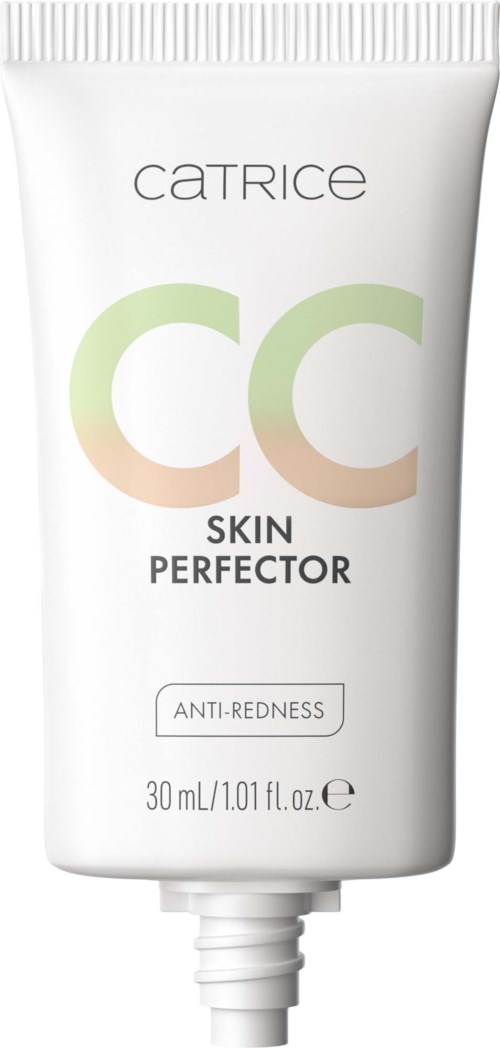 En vit tub märkt Catrice CC Skin Perfector, avsedd att minska rodnad, med ett skruvlock upptill.