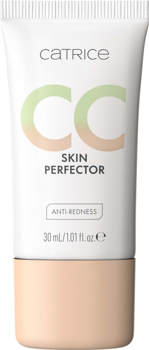 En tub med Catrice CC Skin Perfector kräm, avsedd att minska rödhet, med en vit och beige färgpalett.