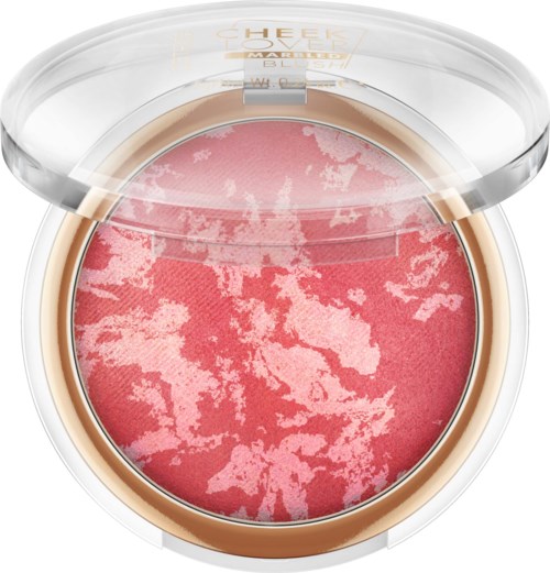 A blush product with a marbled pink and beige pattern in a clear round compact case.