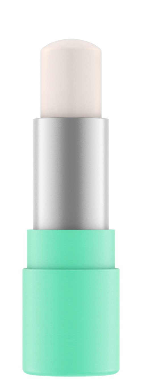 A stick of lip balm with a white top, silver middle, and mint green base.
