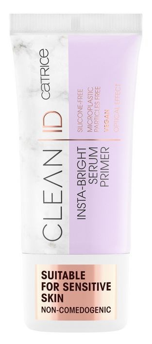 En tub med Catrice Clean ID Insta-Bright Serum Primer, lämplig för känslig hud, icke-komedogen, med lila och vit design.