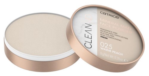 En rund beige ansiktspudderbeholder med lokk som viser produktdetaljer og merke.
