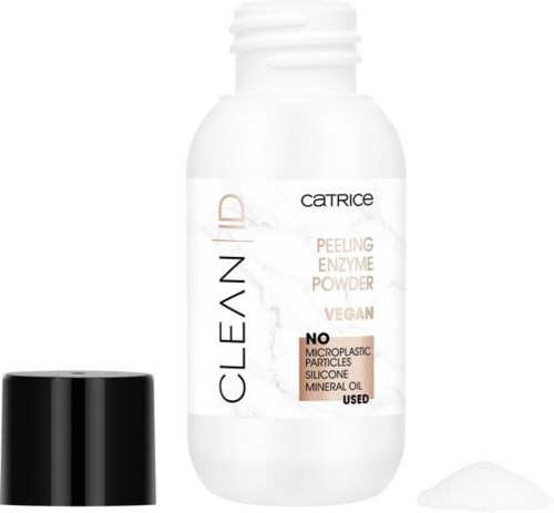 En vit flaska av Catrice Clean ID peeling enzympulver med svart lock bredvid märkt som vegansk och fri från mikoplastpartiklar.
