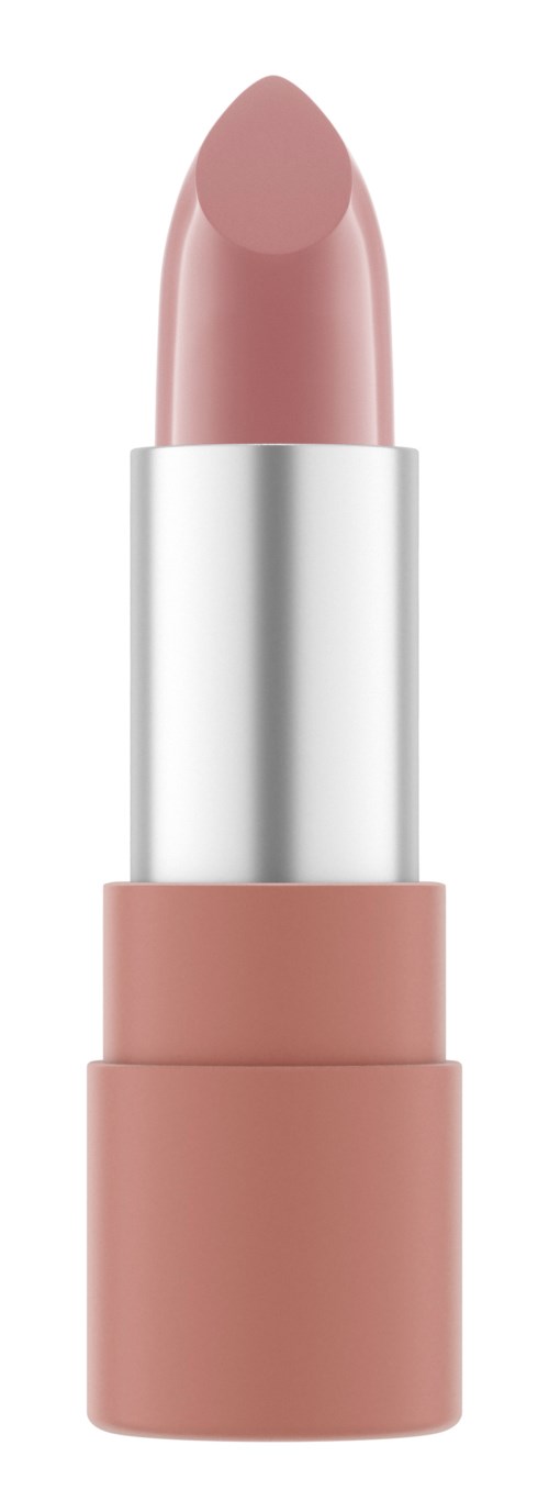 Ein rosiger Lippenstift mit silberner Hülse und nude-farbenem Boden. Es steht aufrecht und einsatzbereit.