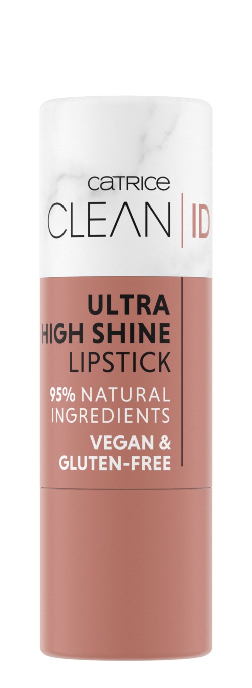Ein Lippenstift mit weißem Deckel, rosafarbenem Körper und schwarzem und roten Text, der ihn als vegan, glutenfrei, natürlich und glänzend beschreibt.